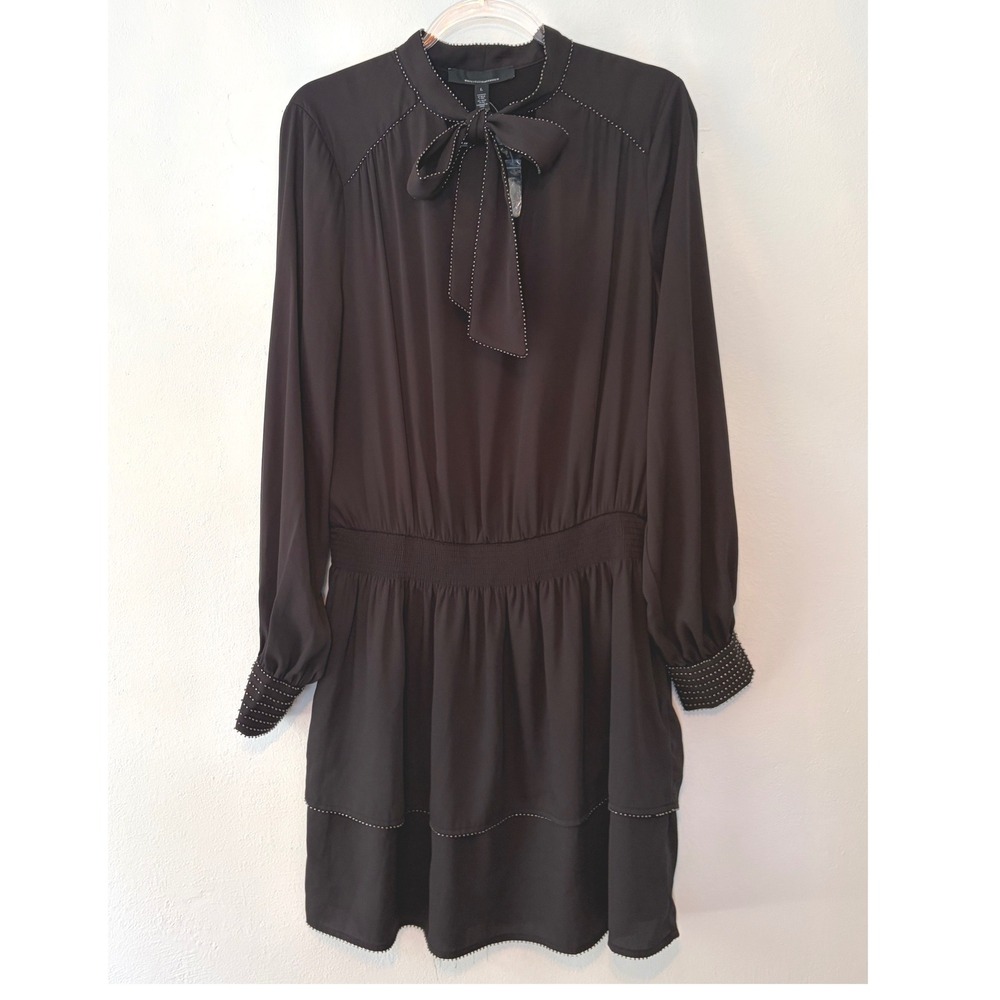 White House Black Market Black Beaded Tie Neck Smocked Blouson Dress Large NEW